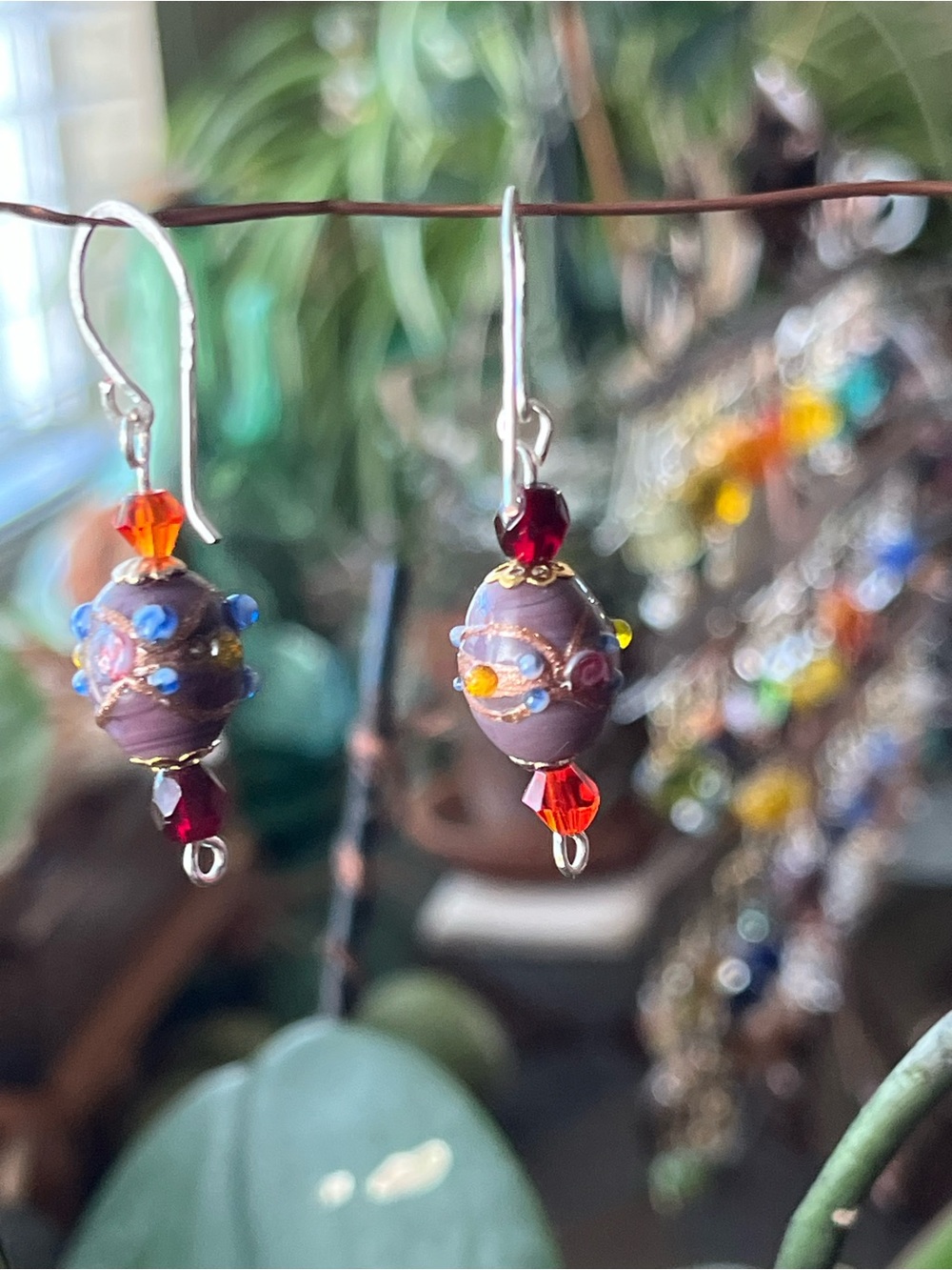 Handmade lampwork Purple Glass Bead Dangle Earrings with Orange & Red Accents